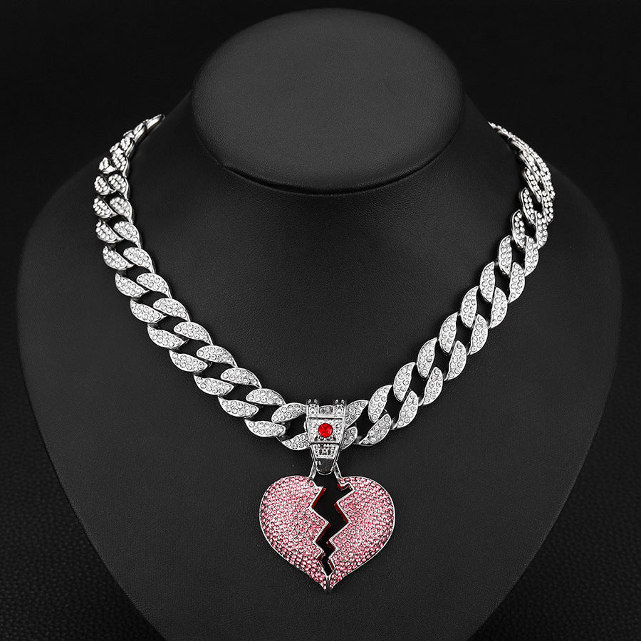 Wholesale Full Diamond Broken Heart Pendant Hip Hop Alloy Necklace